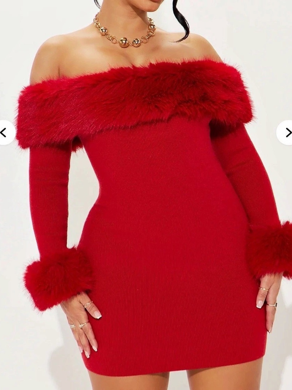 Fashion nova Off-Shoulder Fur Trim Mini Dress in Red Large NWT